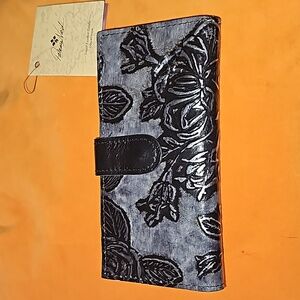 Patricia Nash Nazari wallet in beautiful black and silver floral tooled leather.